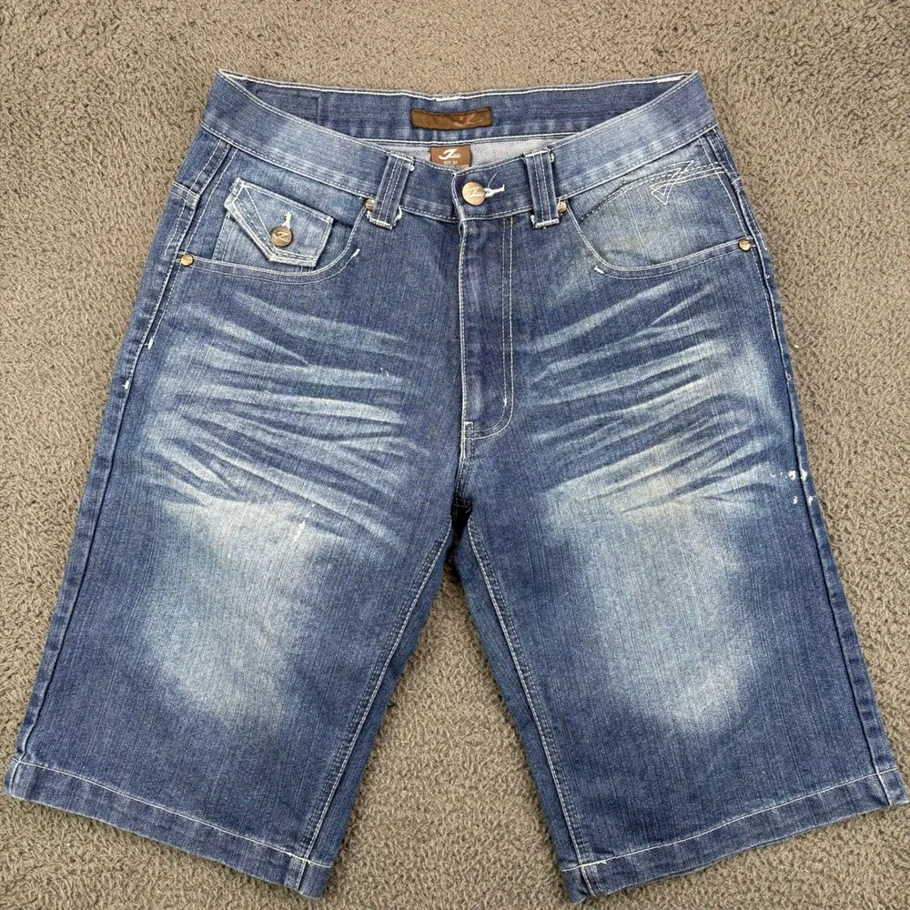 Zinzu Mens Size 32 Denim Shorts Blue Embroidered Baggy Y2K‎ Streetwear Jorts